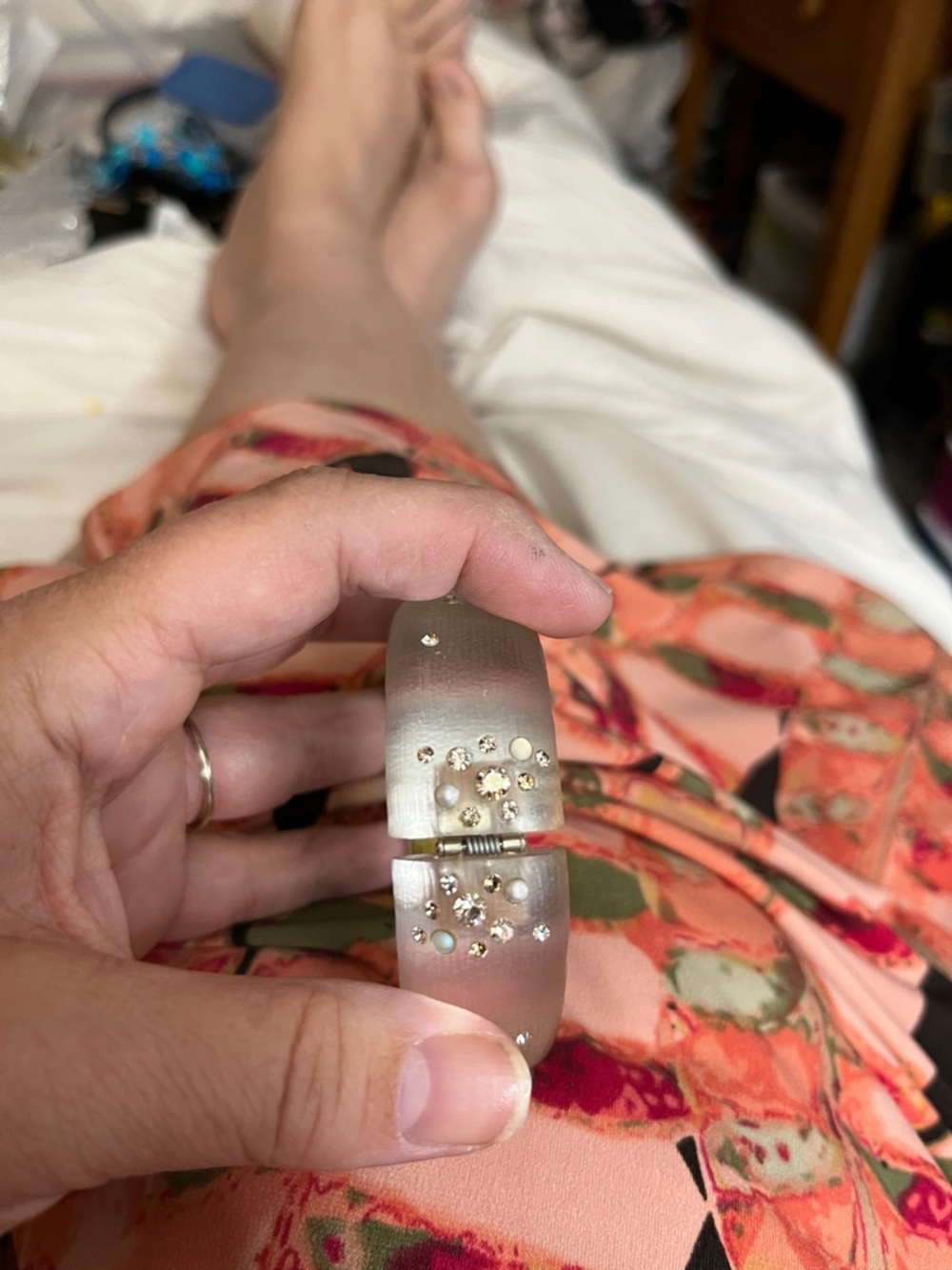 Alexis Bittar Frosted Clear Resin Bangle with Crystal and Pearl Cluster - Picture 4 of 9